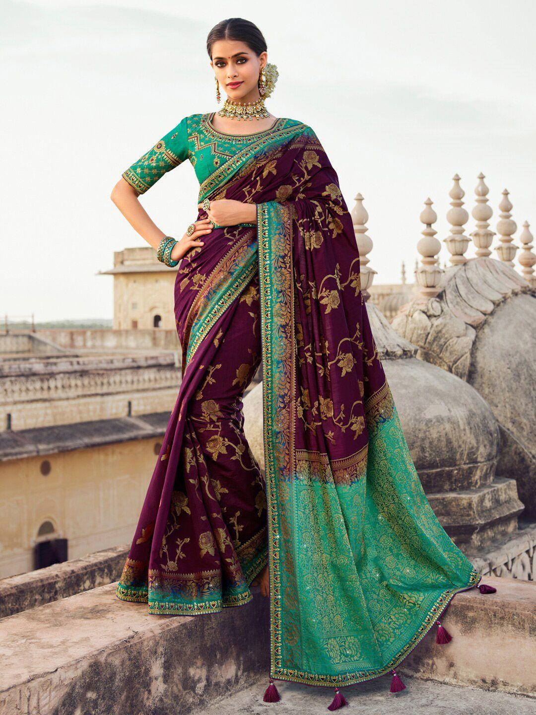 saree mall magenta ethnic motifs zari silk blend designer banarasi sarees