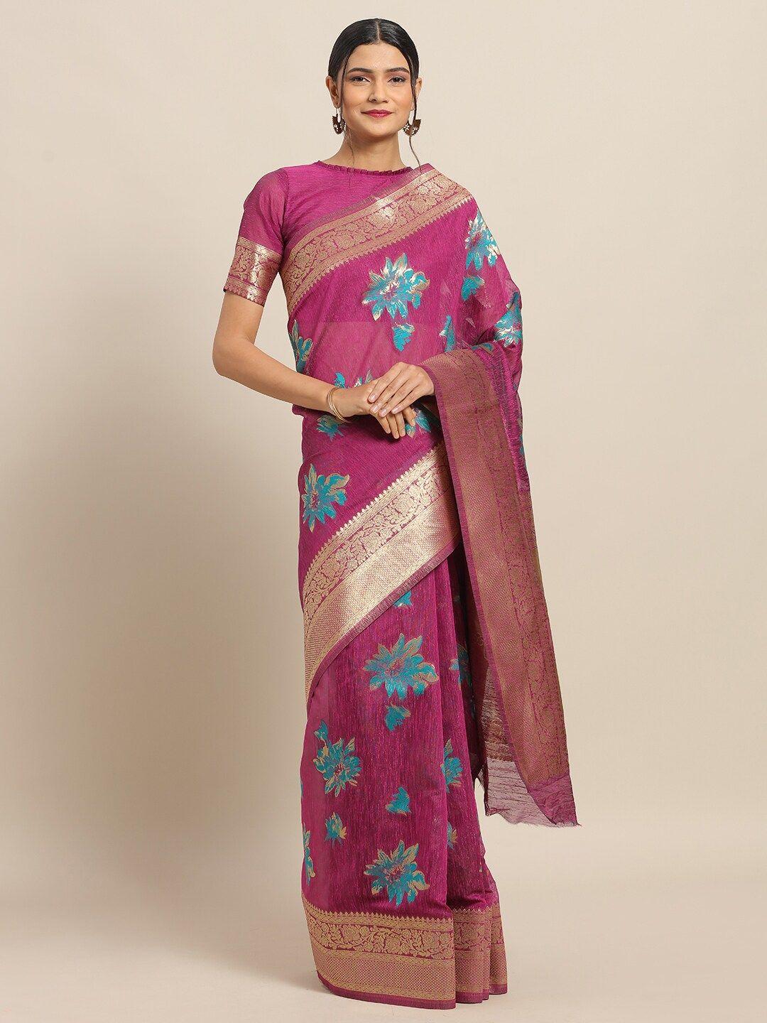 saree mall magenta pink & turquoise blue linen blend woven design saree