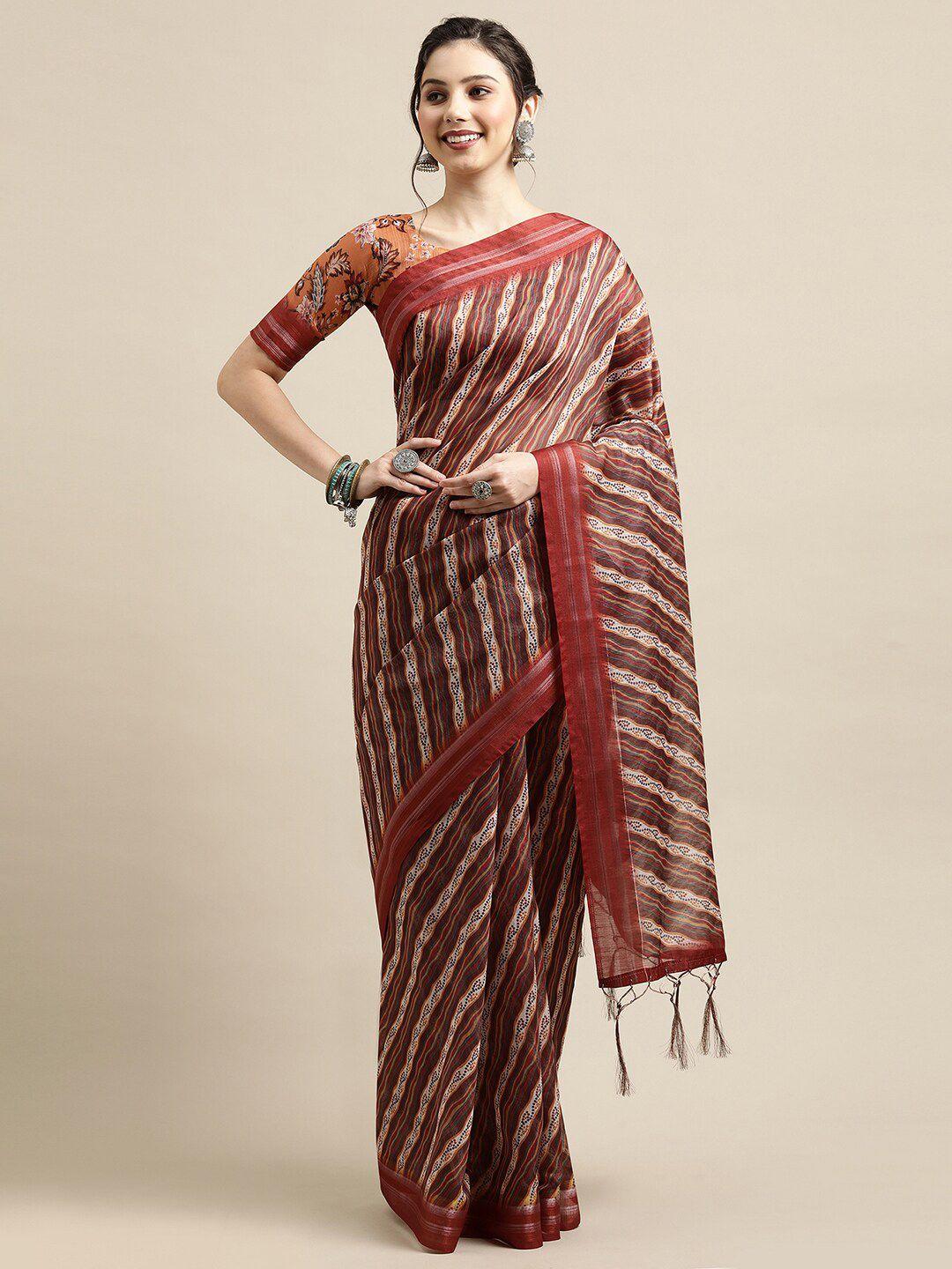 saree mall maroon & beige ethnic motifs zari linen blend sarees