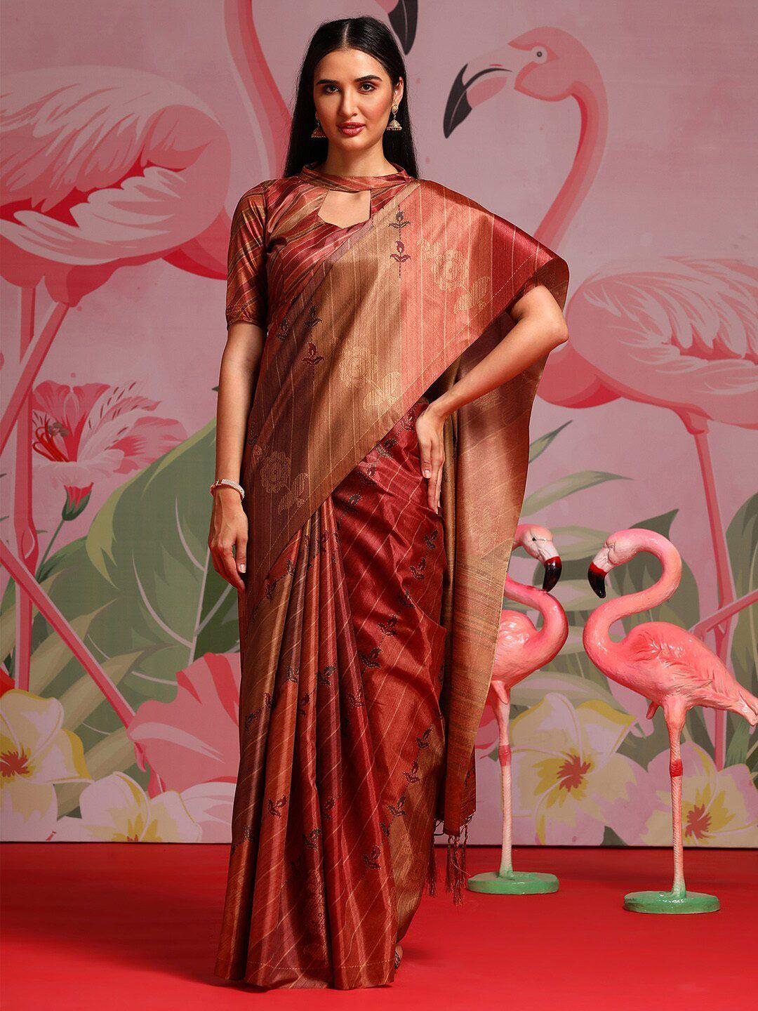 saree mall maroon & beige geometric printed zari detailed sarees