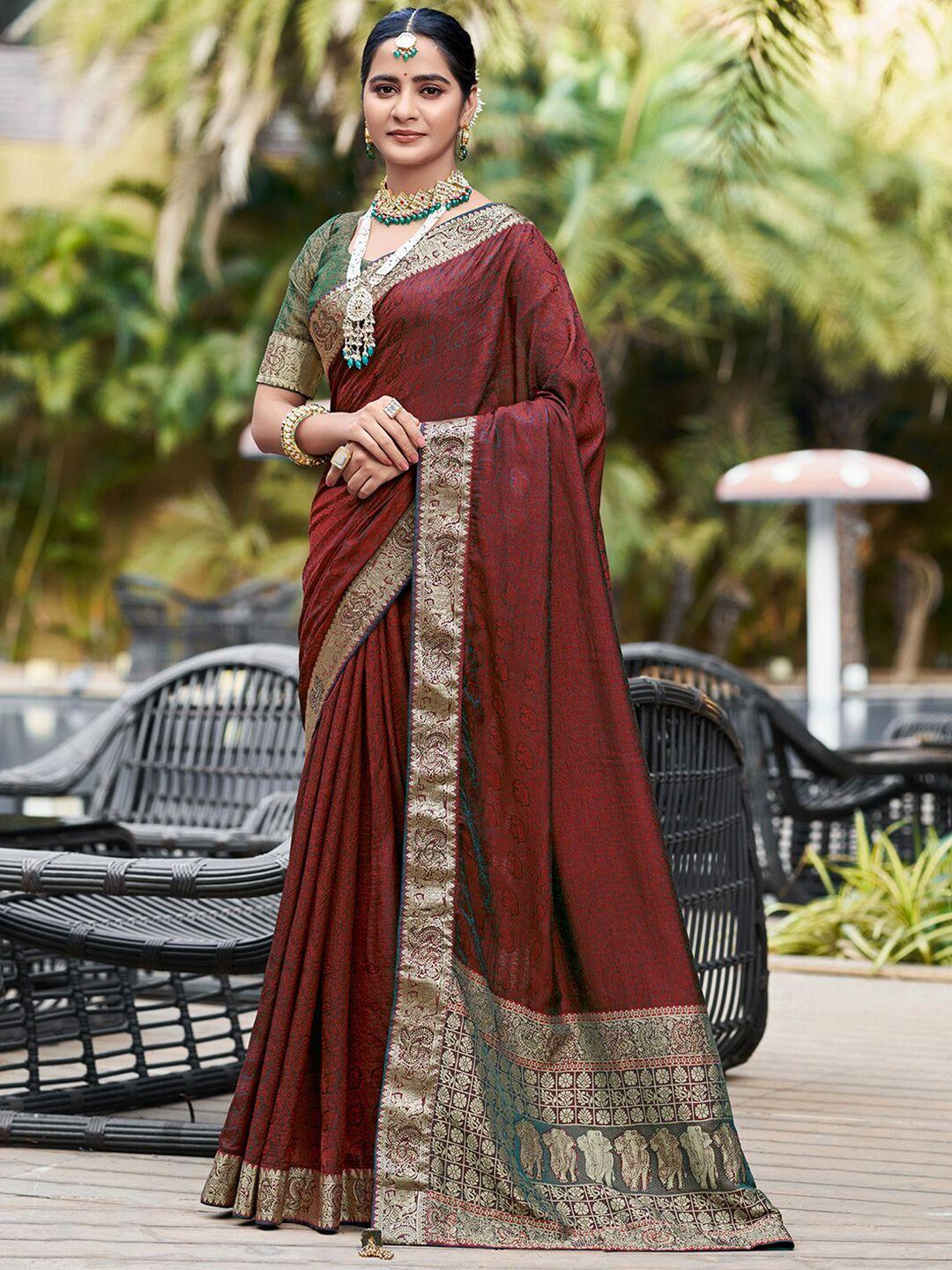 saree mall maroon & gold-toned ethnic motif woven design zari pure silk banarasi sarees