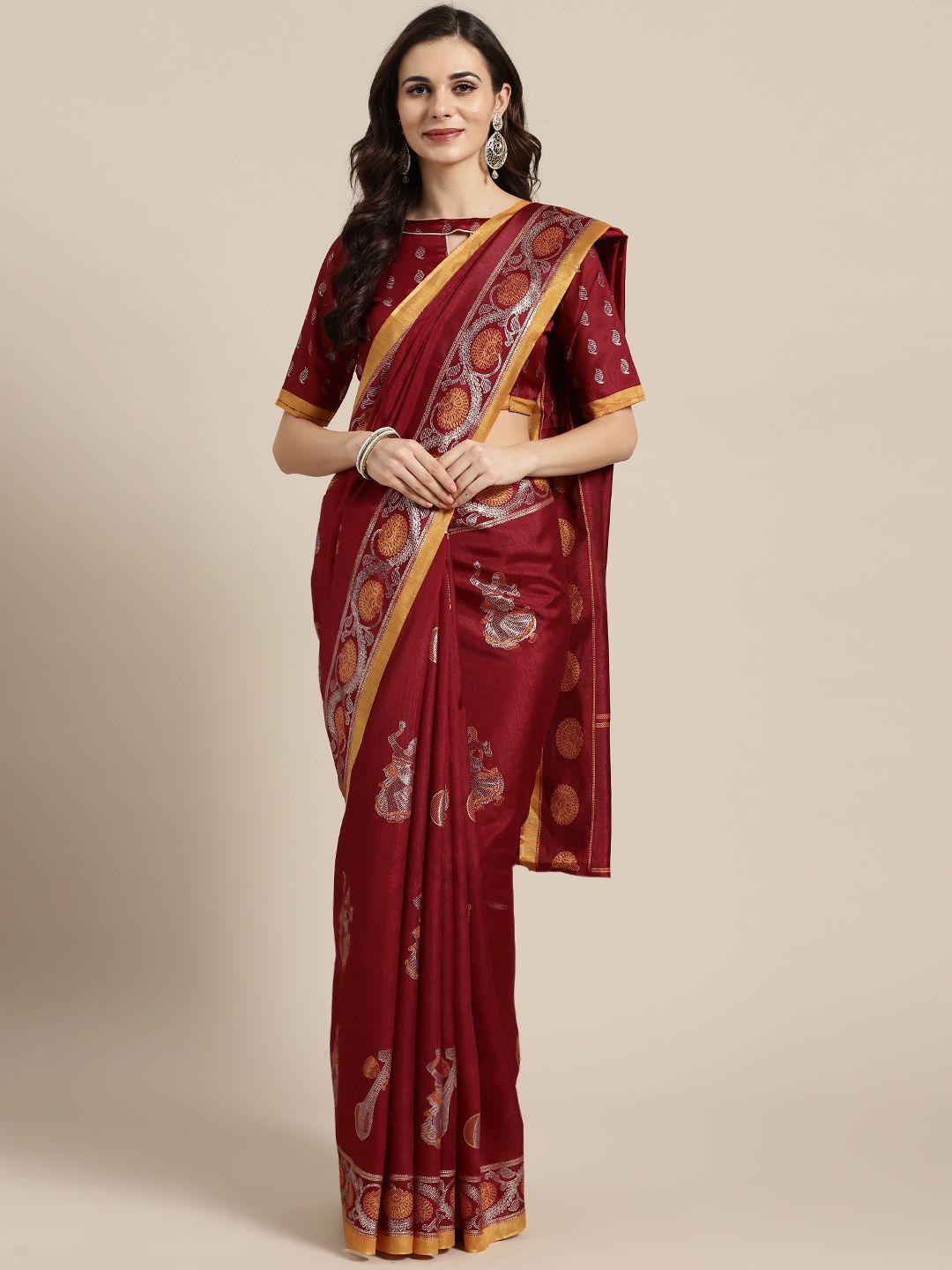 saree mall maroon & golden printed banarasi saree