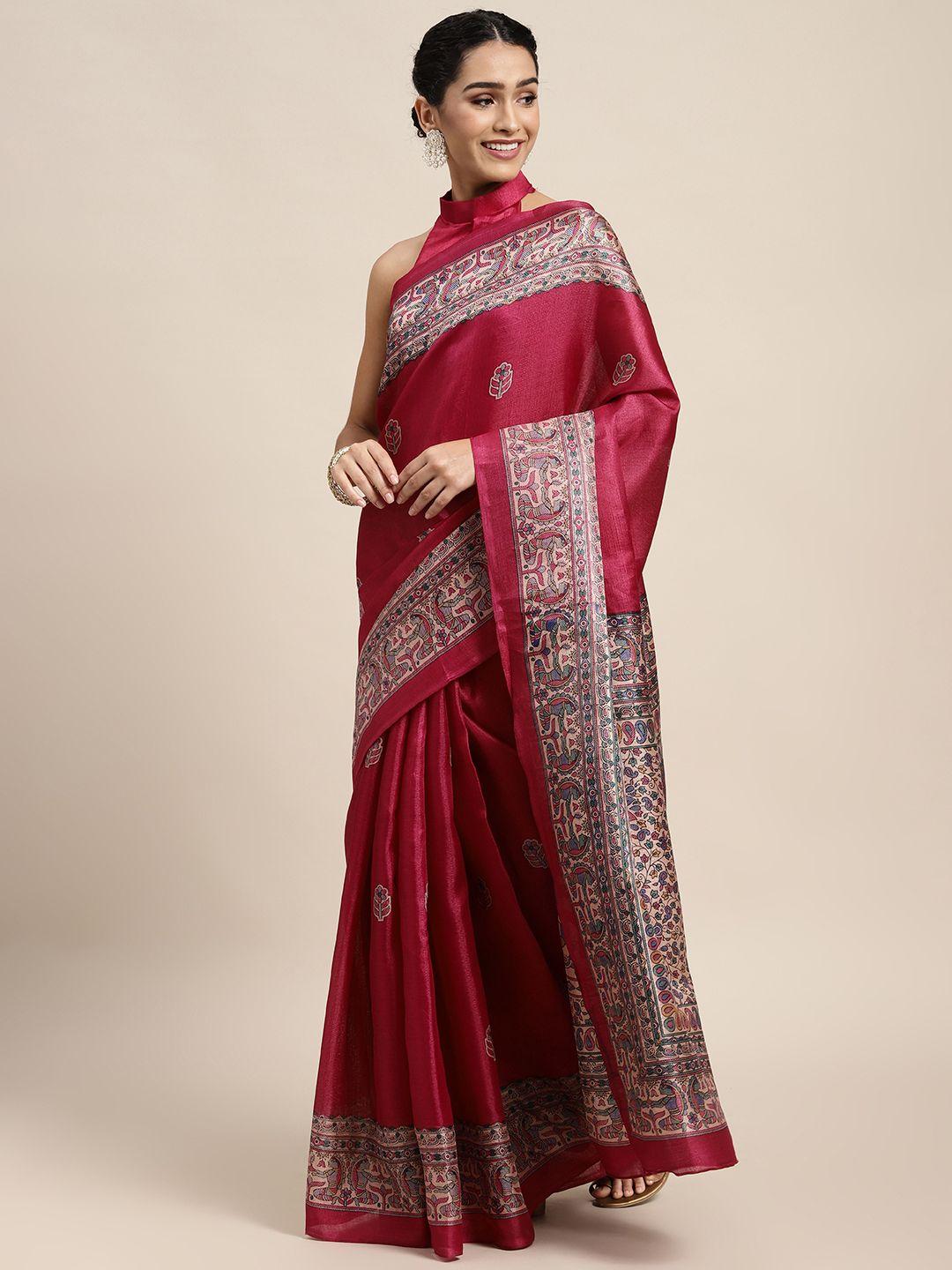 saree mall maroon & off white ethnic motifs print sarees