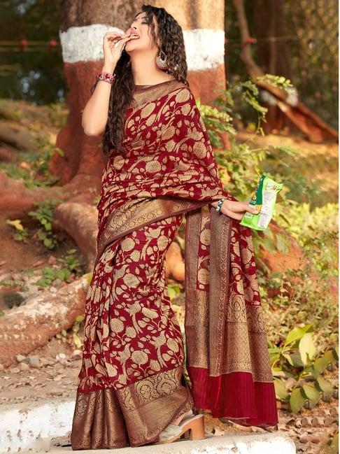 saree mall maroon cotton floral print saree with unstitched blouse