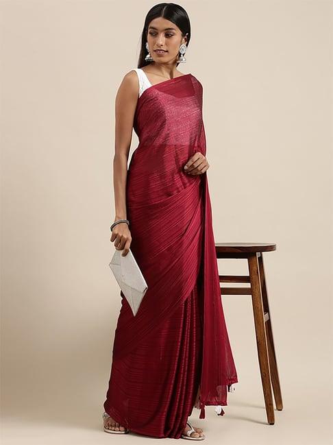 saree mall maroon striped saree with unstitched blouse