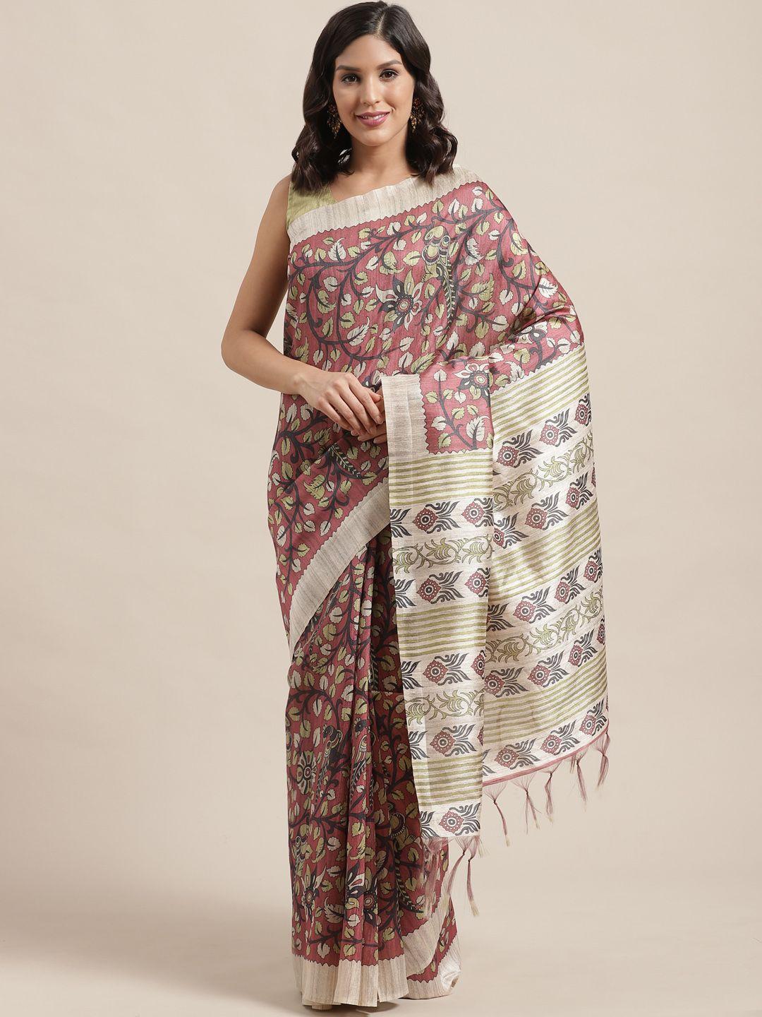 saree mall mauve & green printed handloom bhagalpuri saree