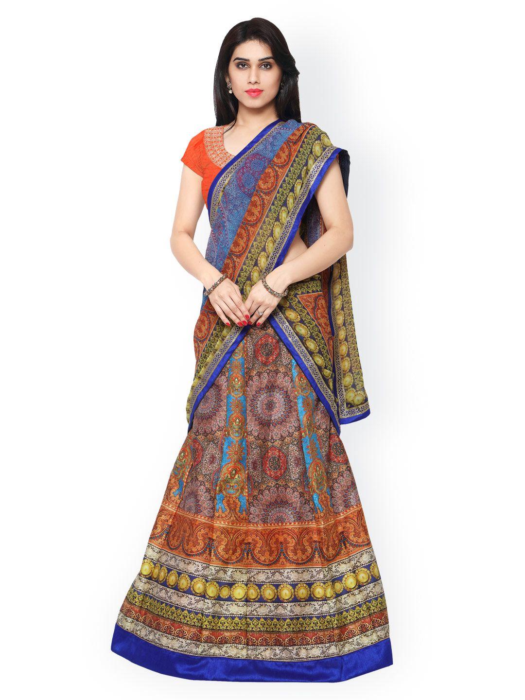 saree mall multicoloured printed semi-stitched lehenga choli with dupatta