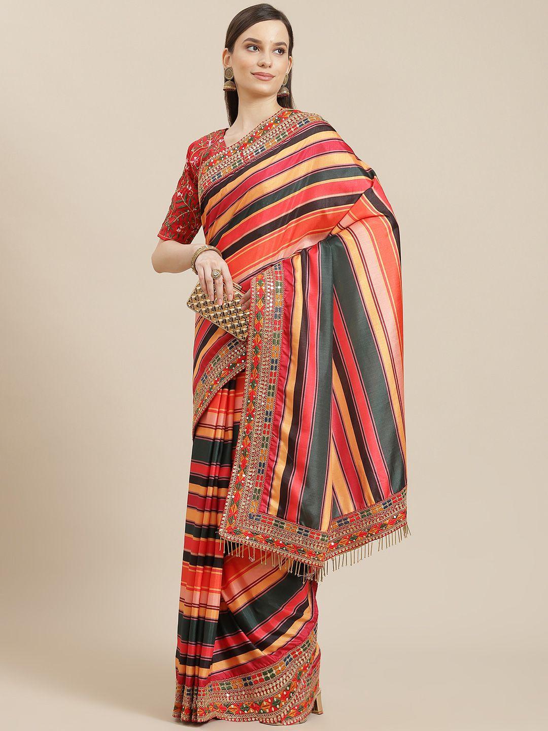 saree mall multicoloured striped sequinned silk blend sarees