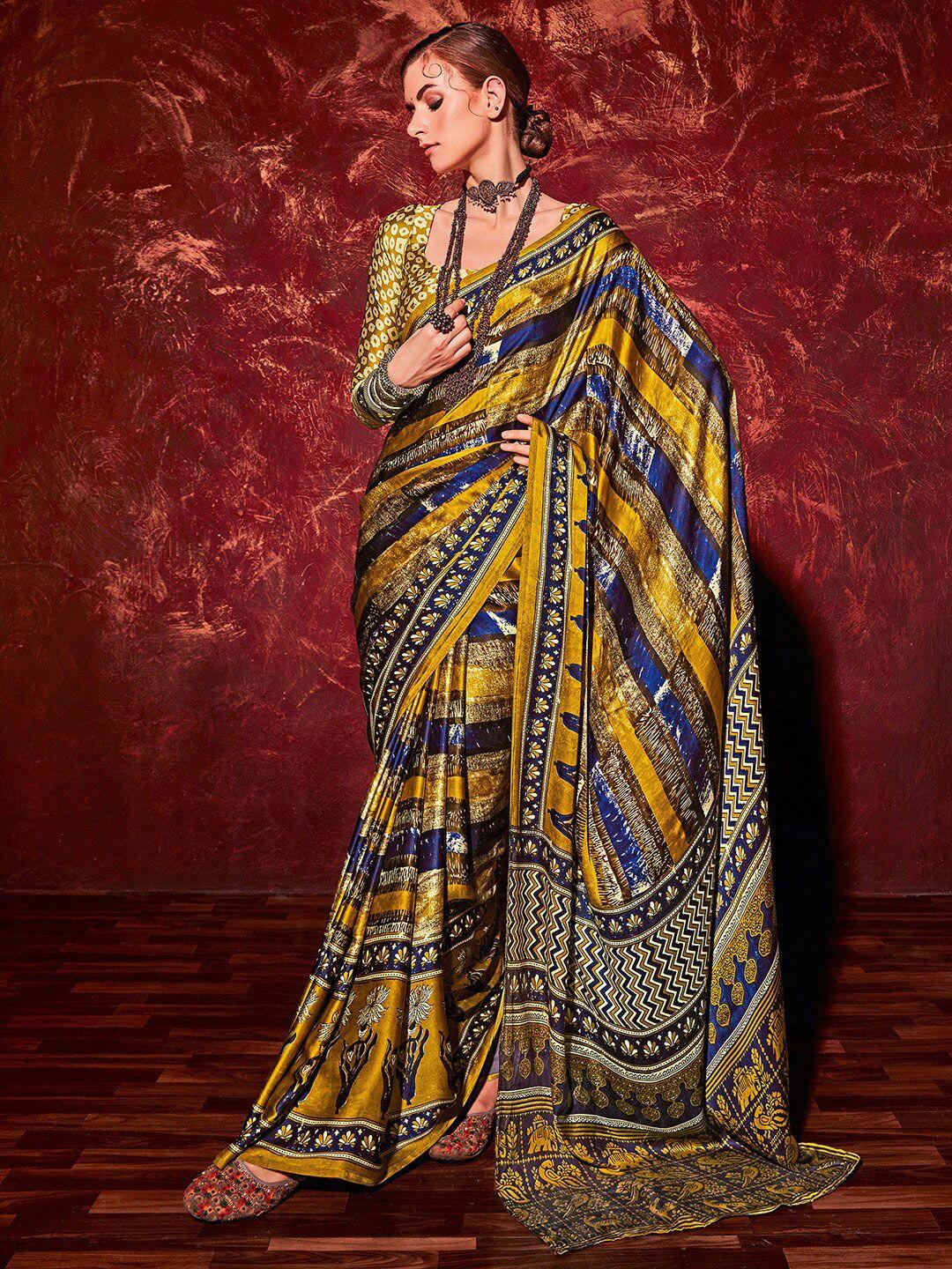 saree mall mustard & blue striped satin block print saree