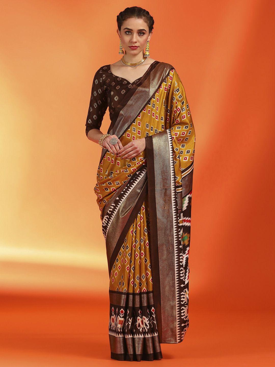 saree mall mustard & brown ethnic motifs zari silk blend pochampally sarees