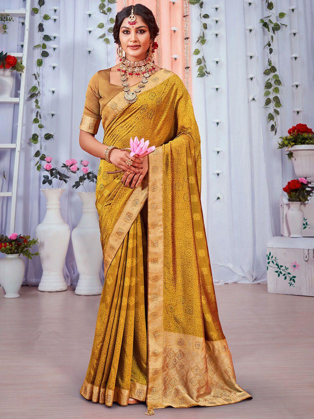 saree mall mustard & gold-toned woven design zari pure silk banarasi sarees