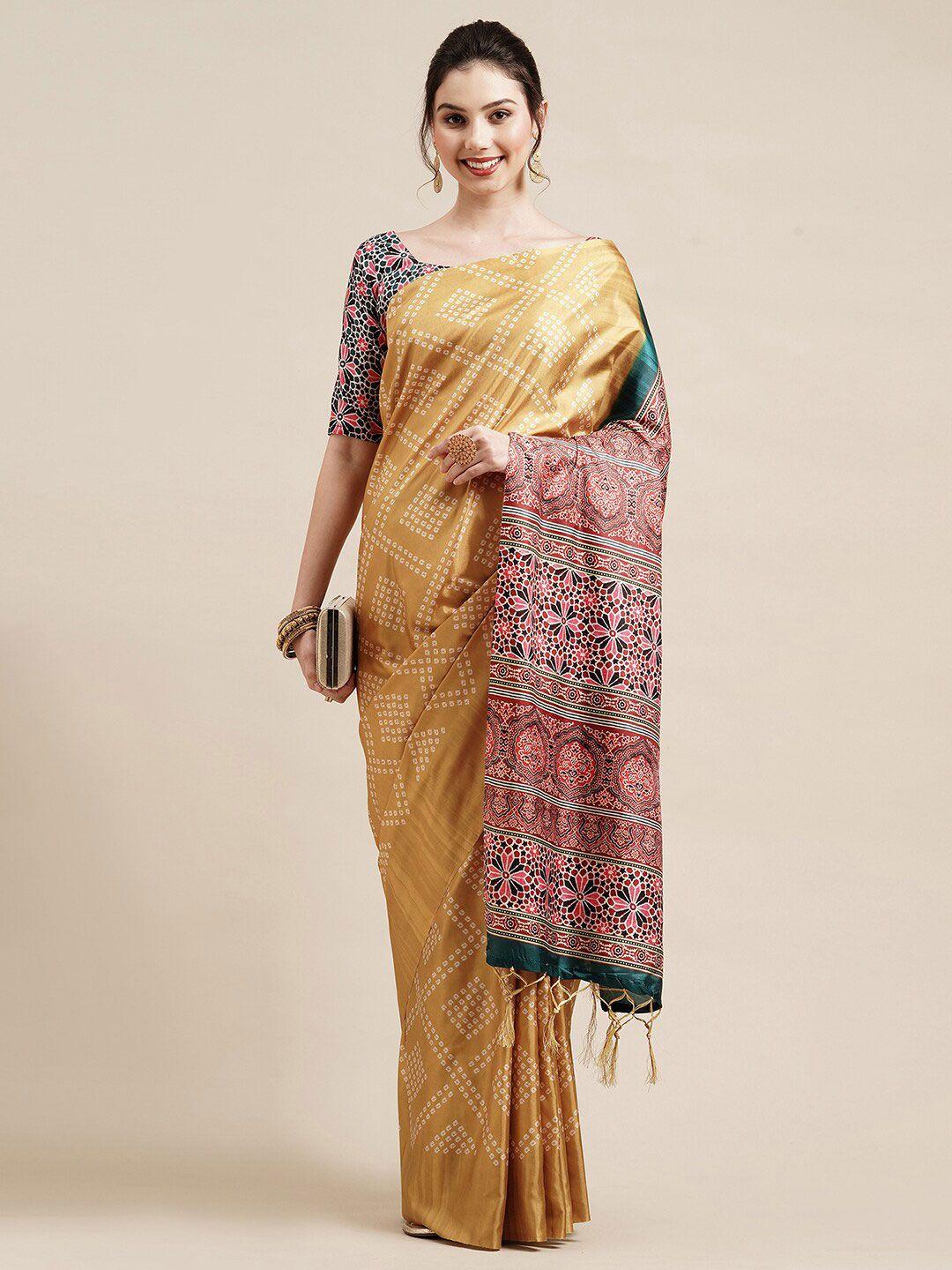 saree mall mustard & green bandhani silk blend bandhani sarees