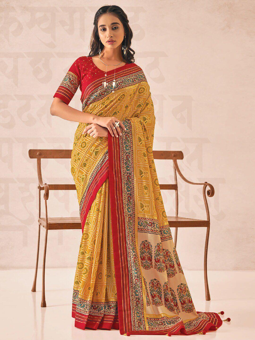 saree mall mustard & red bandhani printed saree