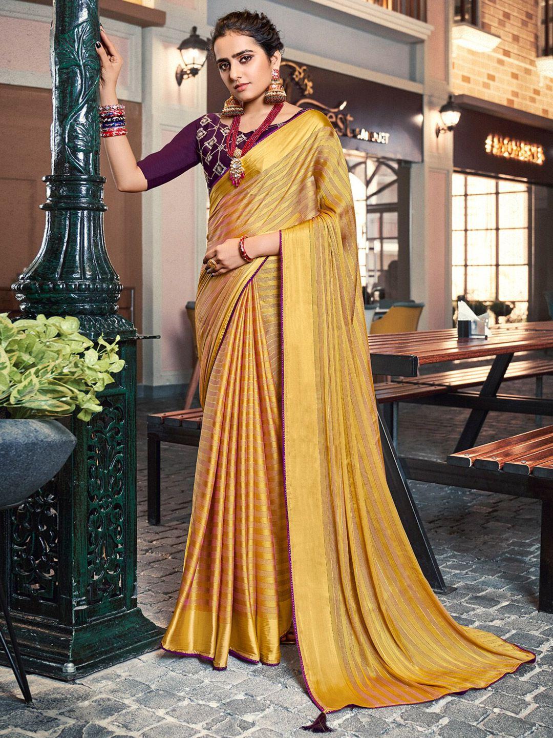 saree mall mustard & violet striped zari sarees