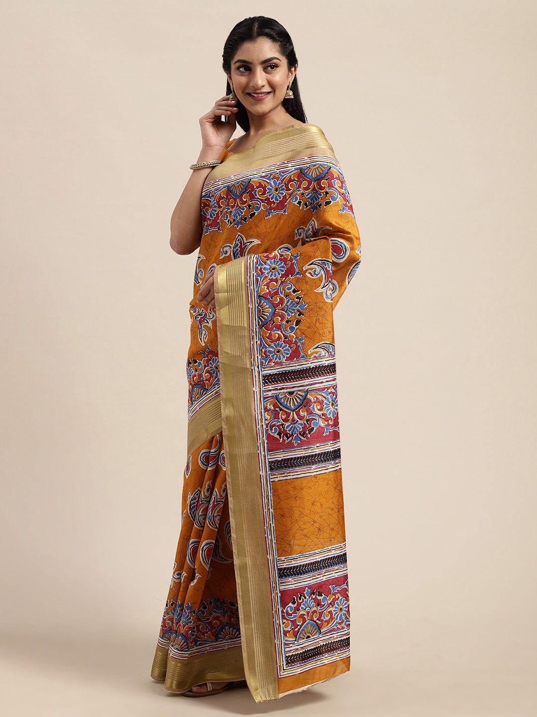 saree mall mustard & white art silk kalamkari ethnic printed bagru saree