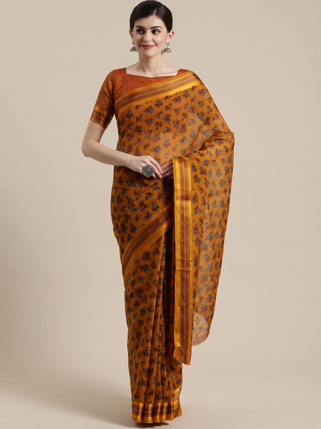 saree mall mustard brown & blue floral print saree