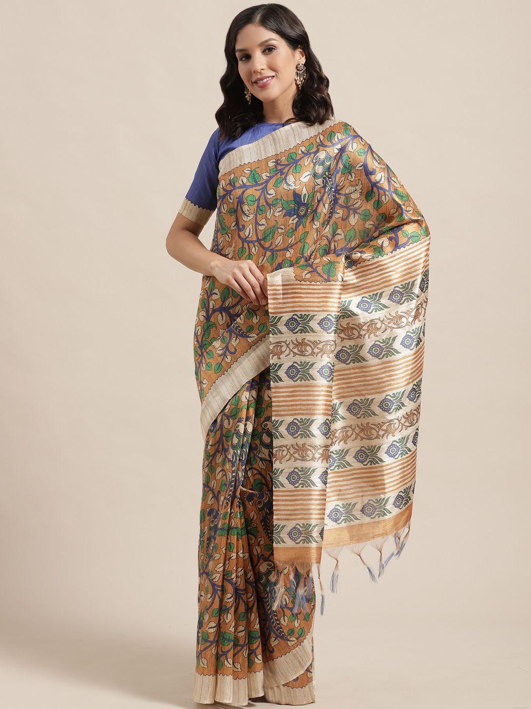 saree mall mustard yellow & blue printed handloom bhagalpuri saree