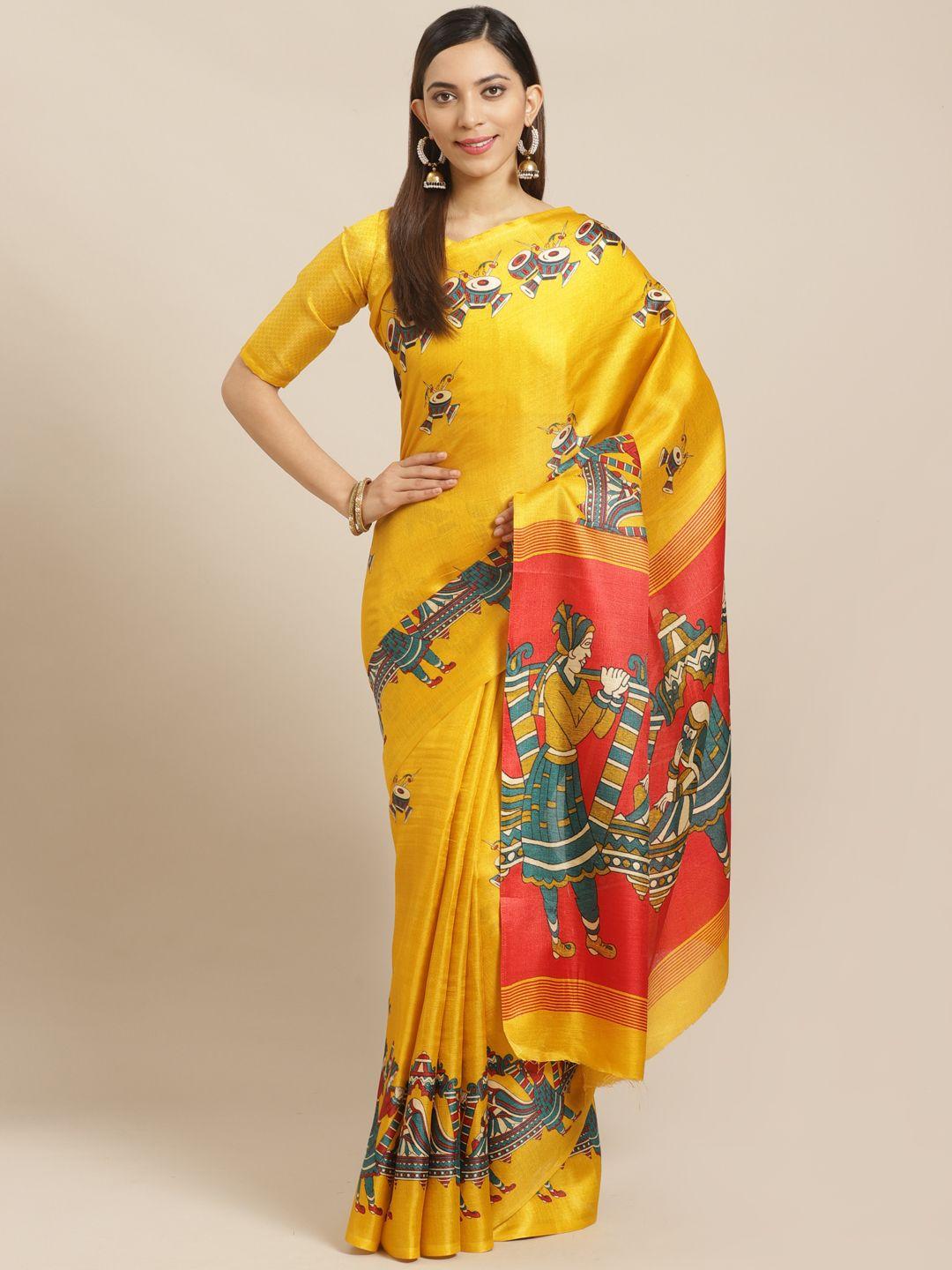 saree mall mustard yellow & blue printed saree