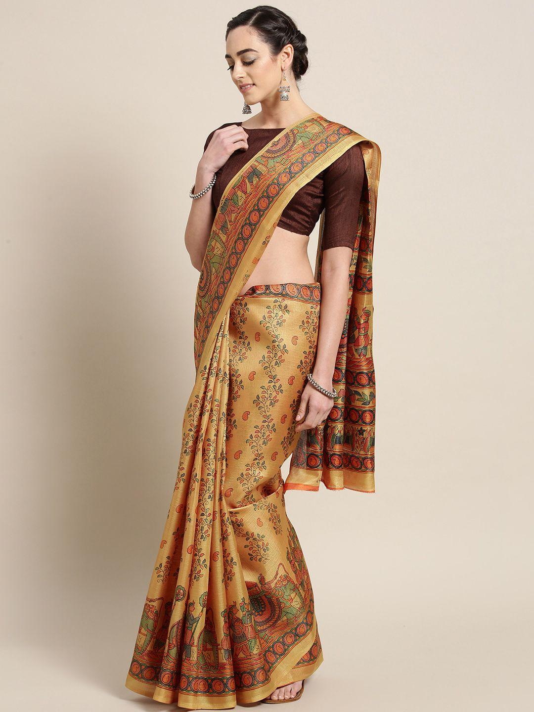 saree mall mustard yellow & orange printed saree