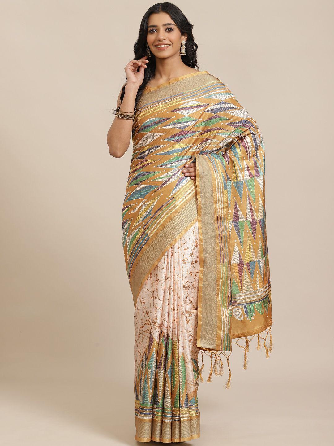 saree mall mustard yellow & peach-coloured printed saree