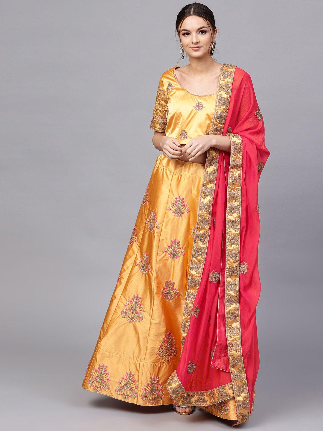 saree mall mustard yellow & red embroidered ready to wear lehenga & blouse with dupatta