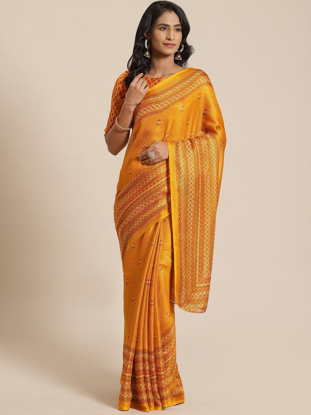 saree mall mustard yellow & red printed saree