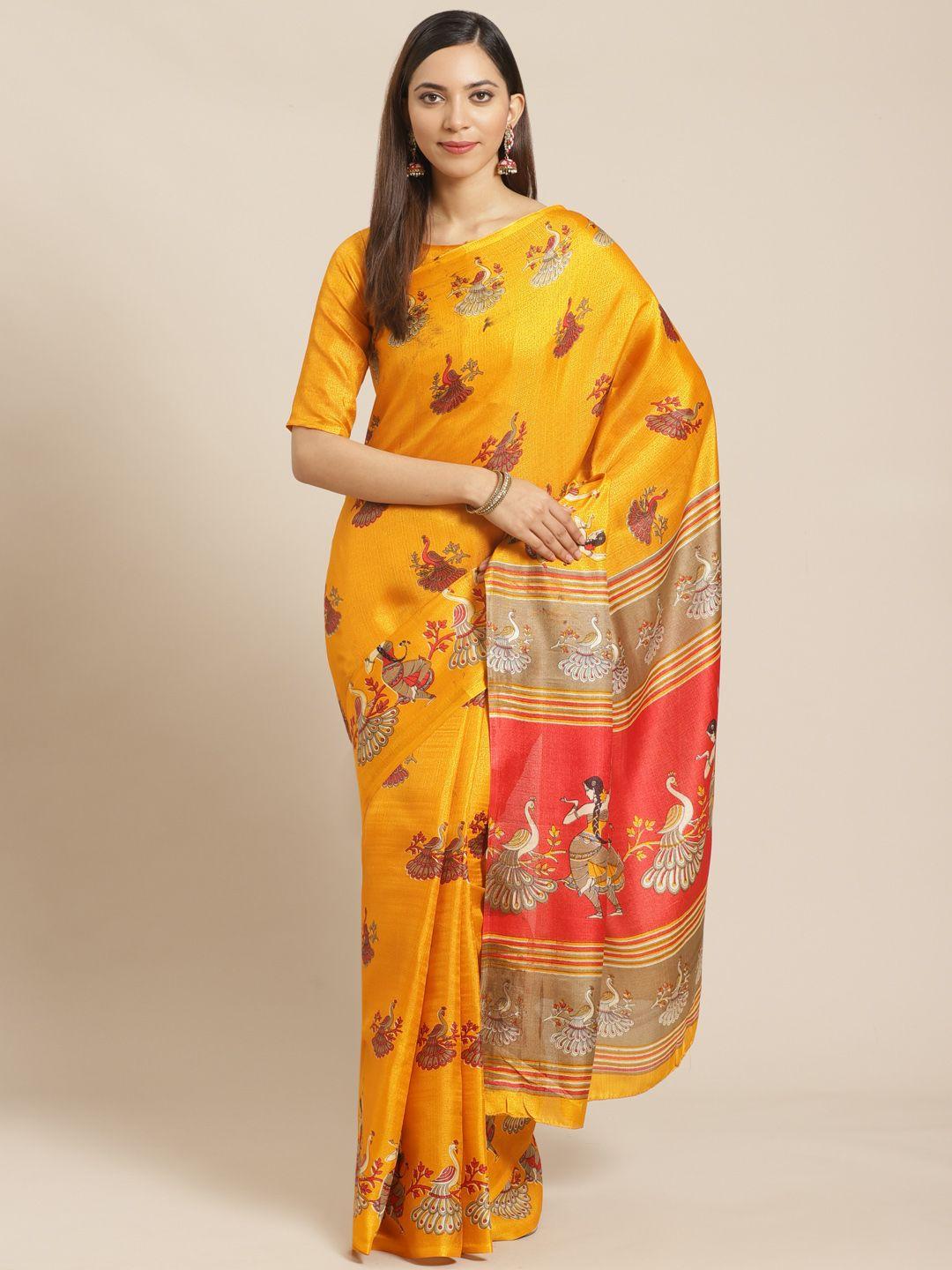 saree mall mustard yellow & red printed saree