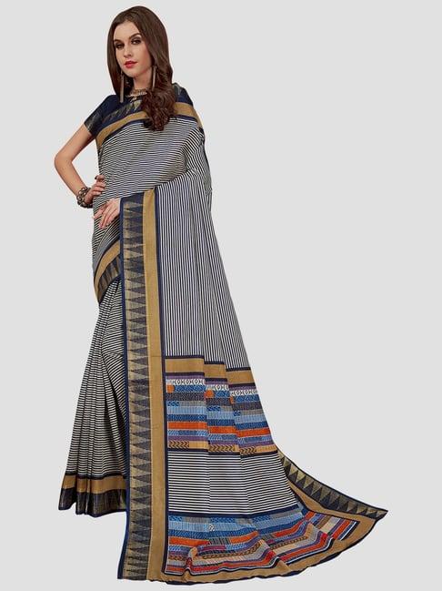 saree mall navy & white striped saree with unstitched blouse