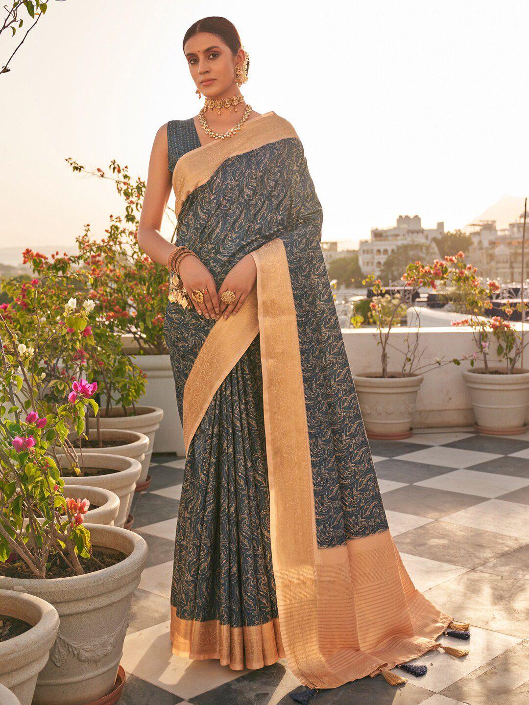saree mall navy blue & cream paisley printed zari pure cotton sungudi sarees