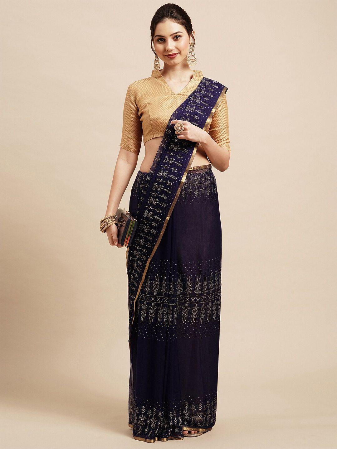 saree mall navy blue & gold-toned embellished sarees