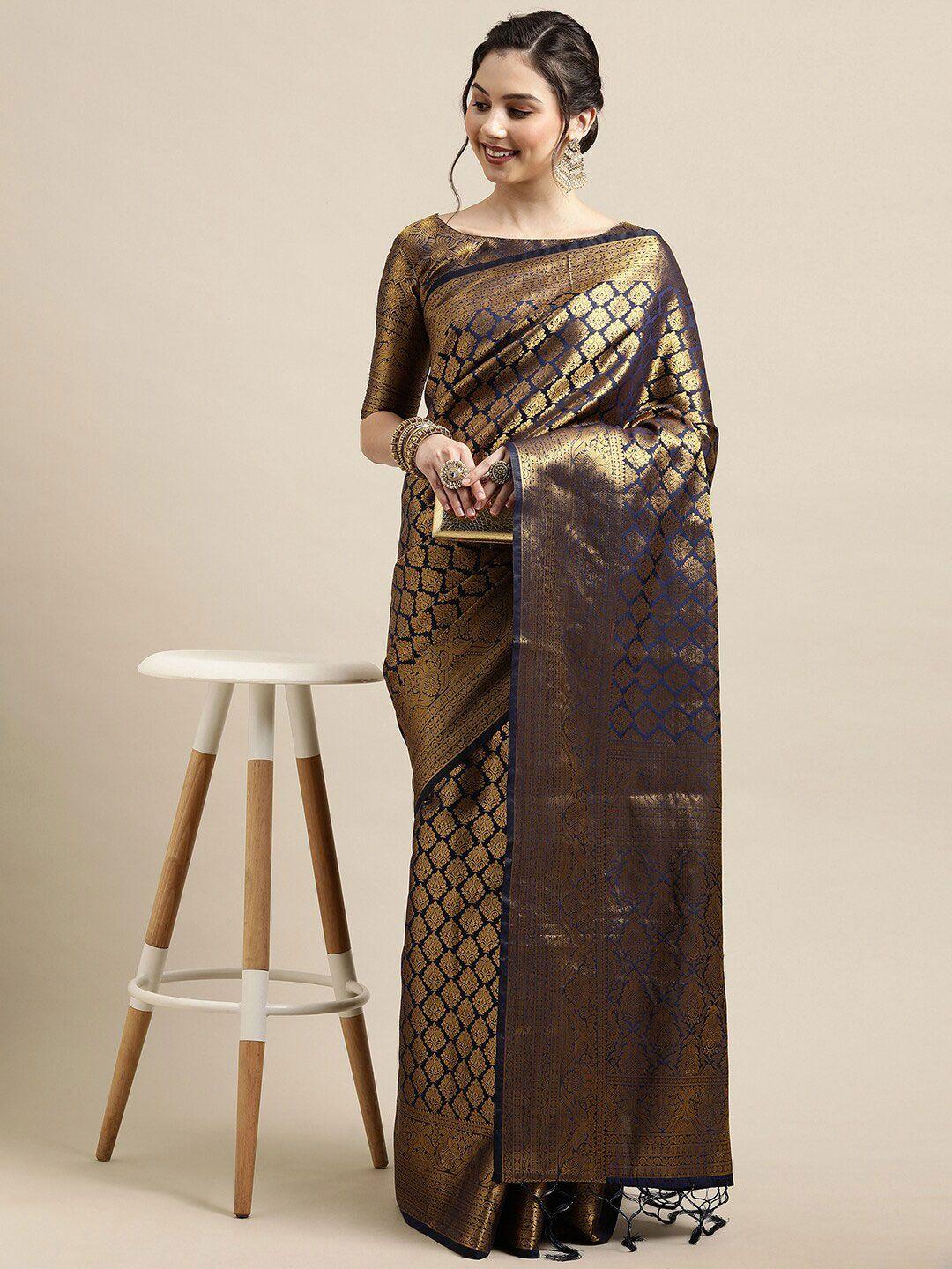 saree mall navy blue & gold-toned ethnic motifs zari silk blend banarasi sarees