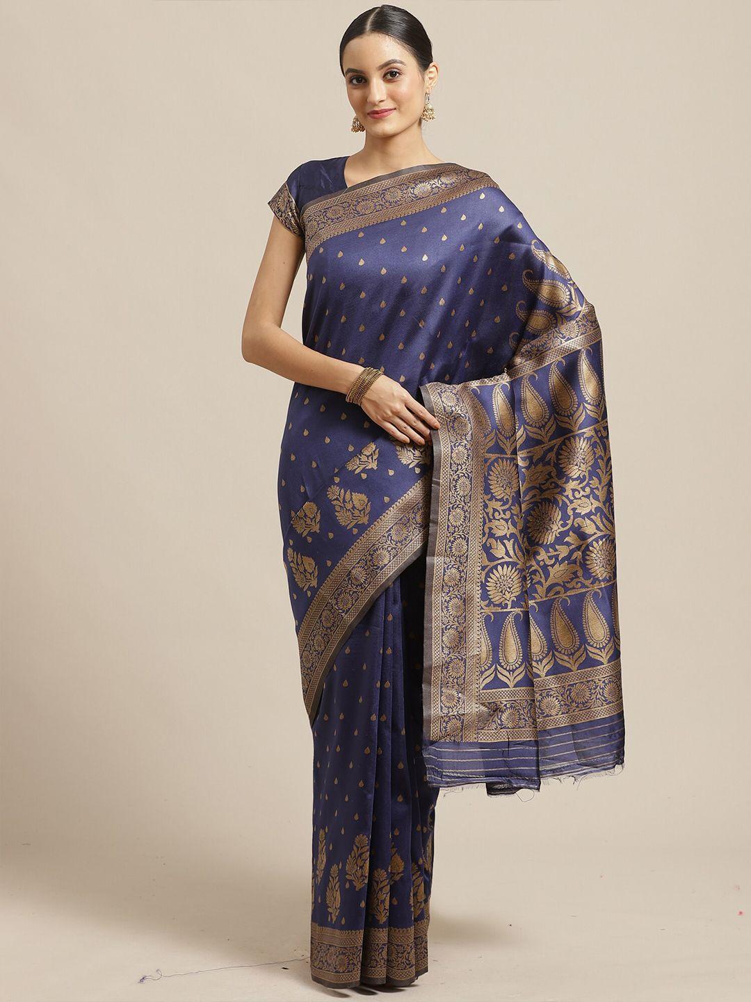 saree mall navy blue & gold-toned floral silk blend banarasi sarees