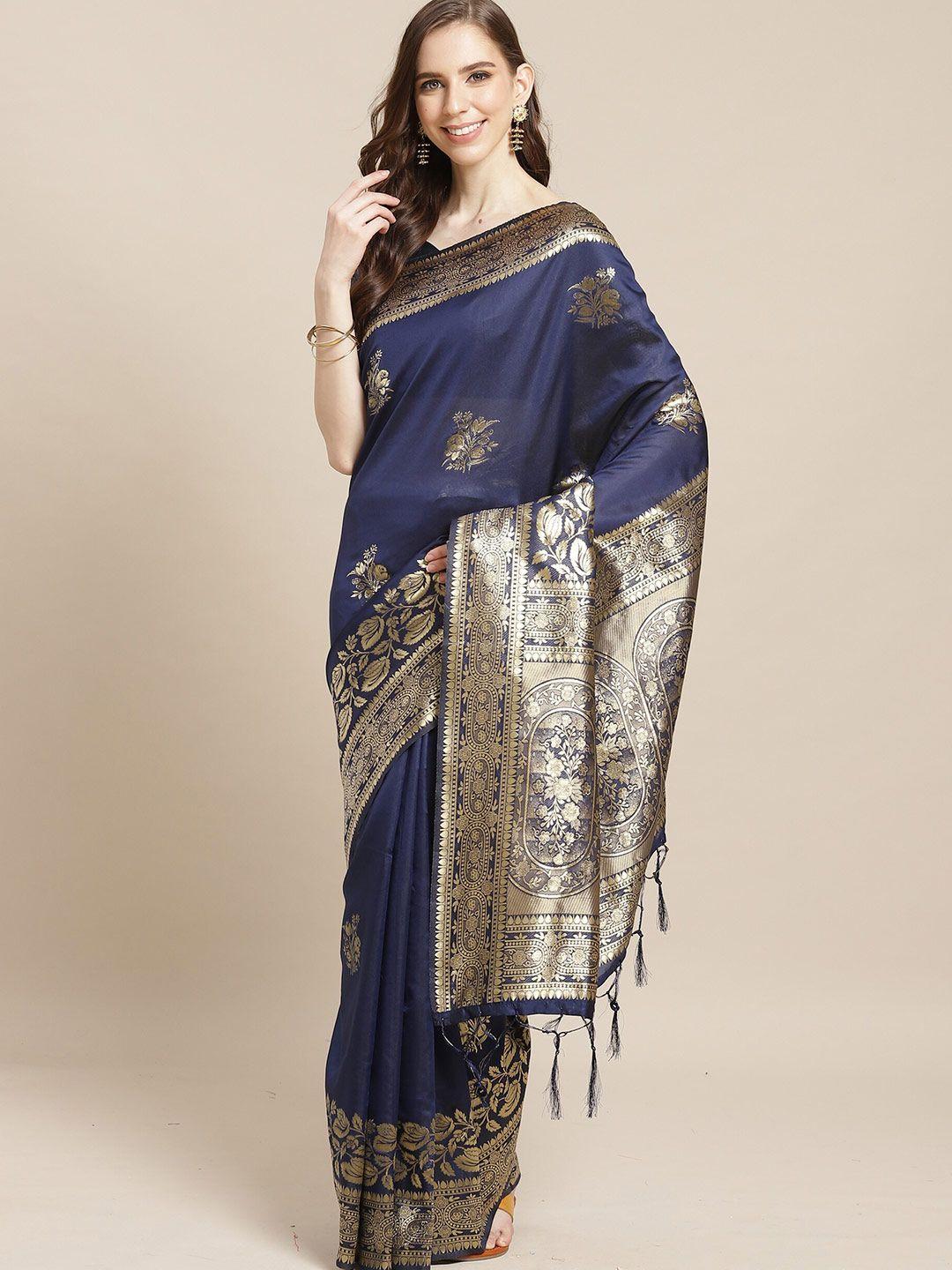 saree mall navy blue & gold-toned floral silk blend handloom banarasi sarees