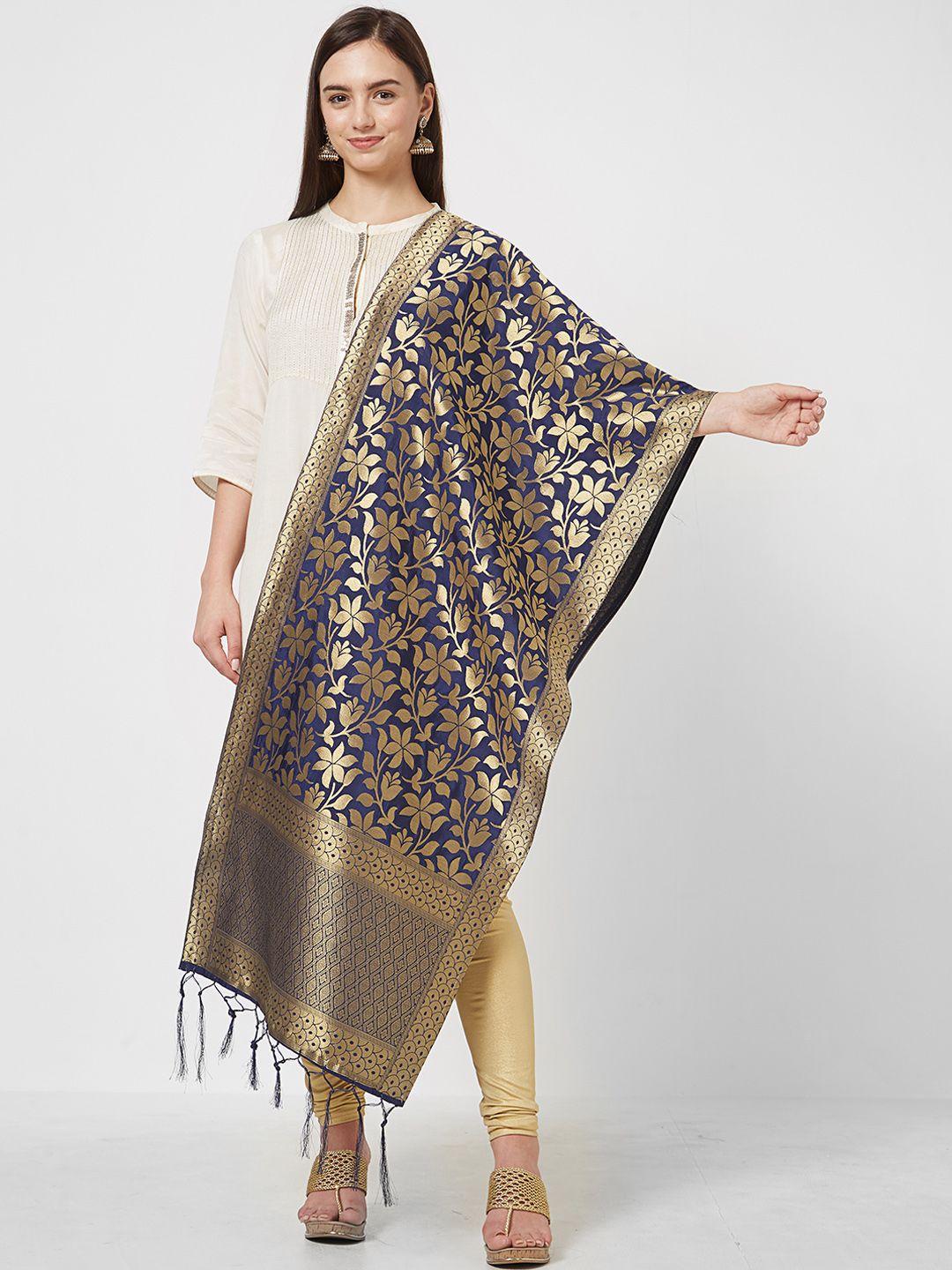 saree mall navy blue & gold-toned woven design dupatta