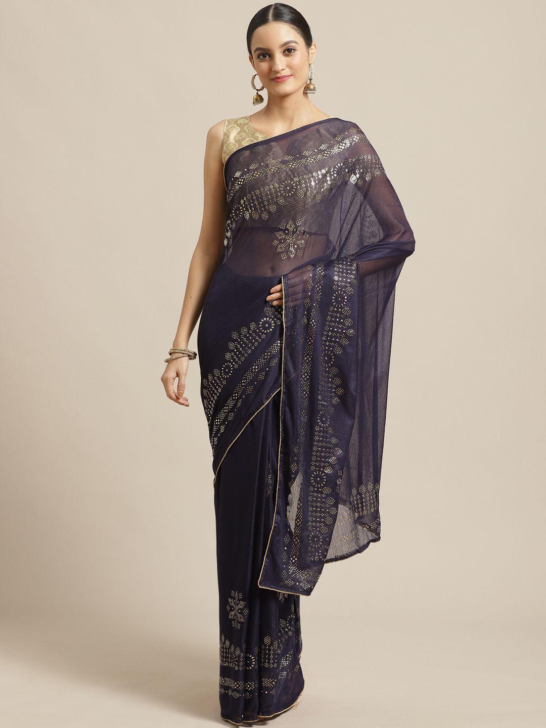 saree mall navy blue & golden embellished saree