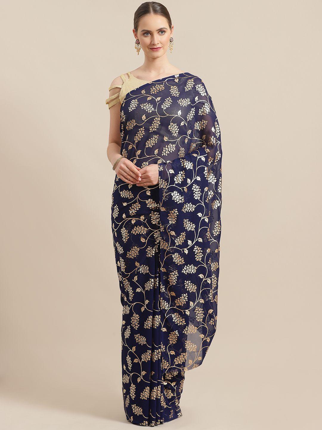 saree mall navy blue & golden foil print saree