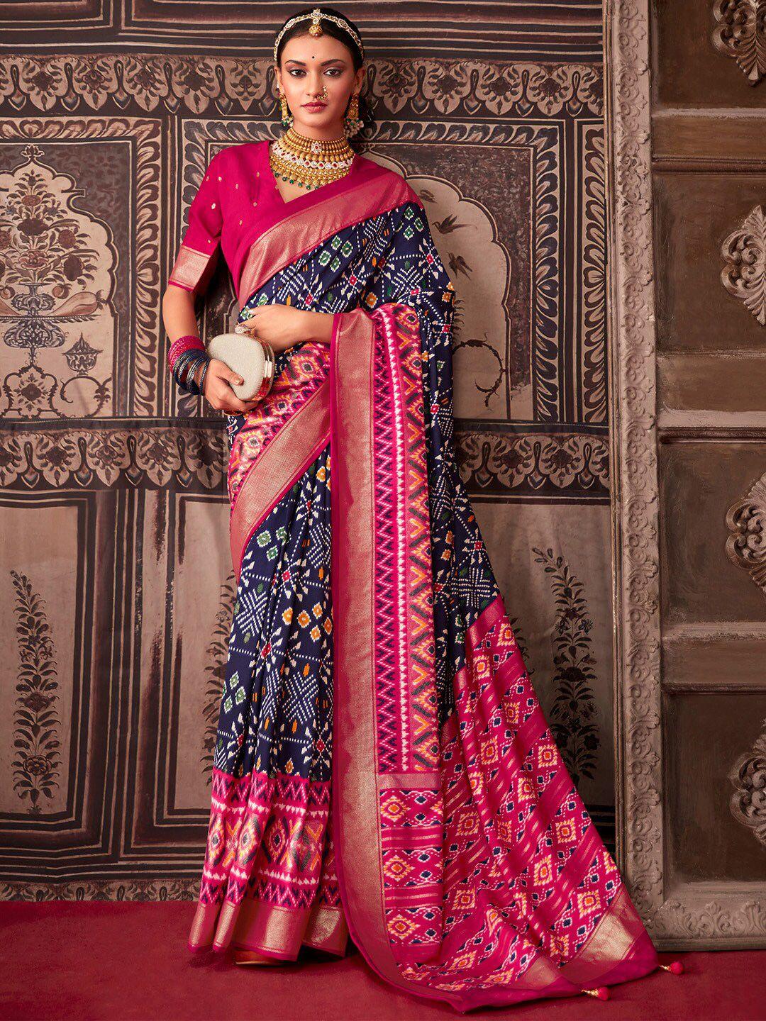 saree mall navy blue & pink ethnic motifs zari sarees