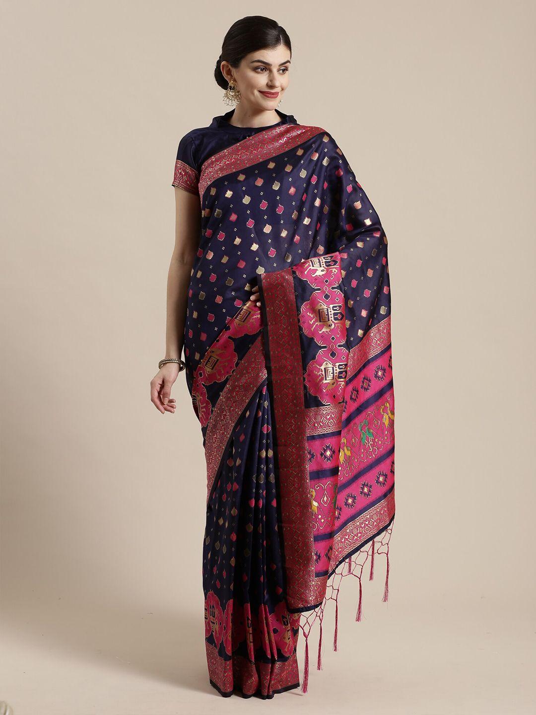 saree mall navy blue & pink ethnic motifs zari silk blend sarees