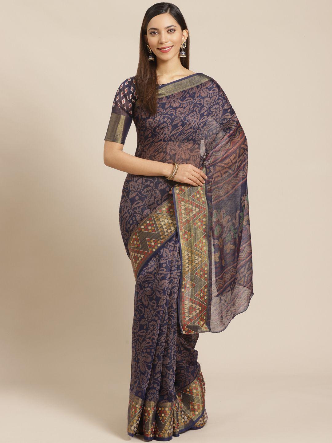 saree mall navy blue & pink floral print saree