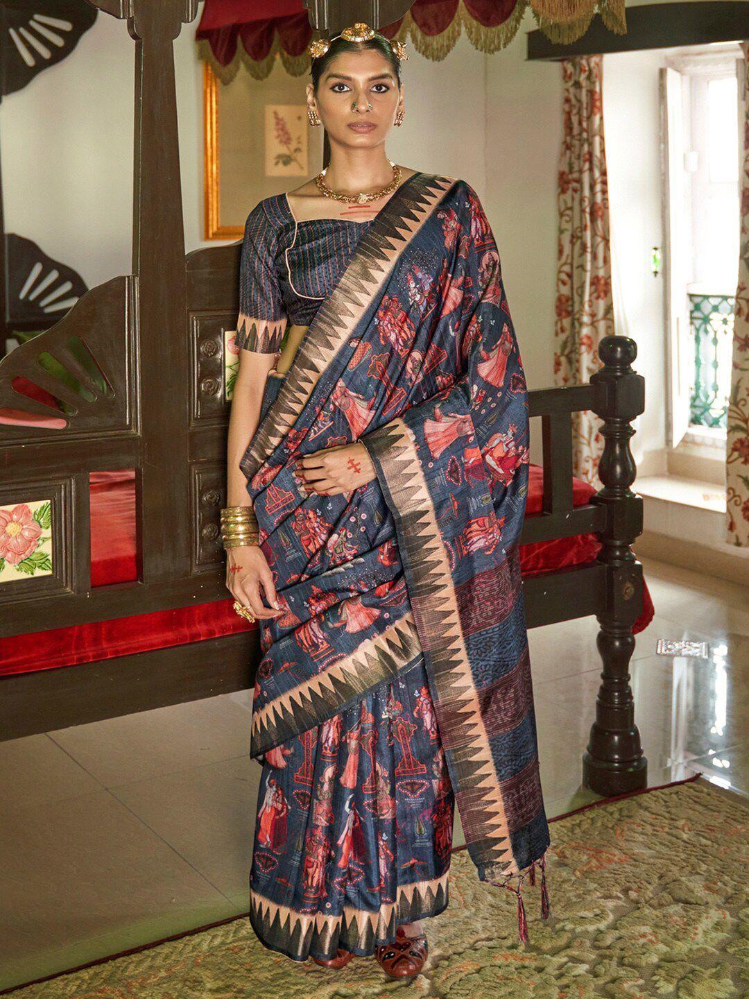 saree mall navy blue & red ethnic motifs silk blend sungudi sarees
