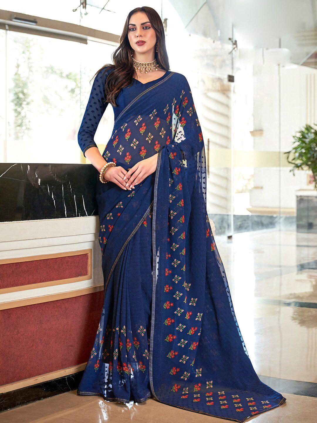 saree mall navy blue & red floral printed pure georgette bagh saree