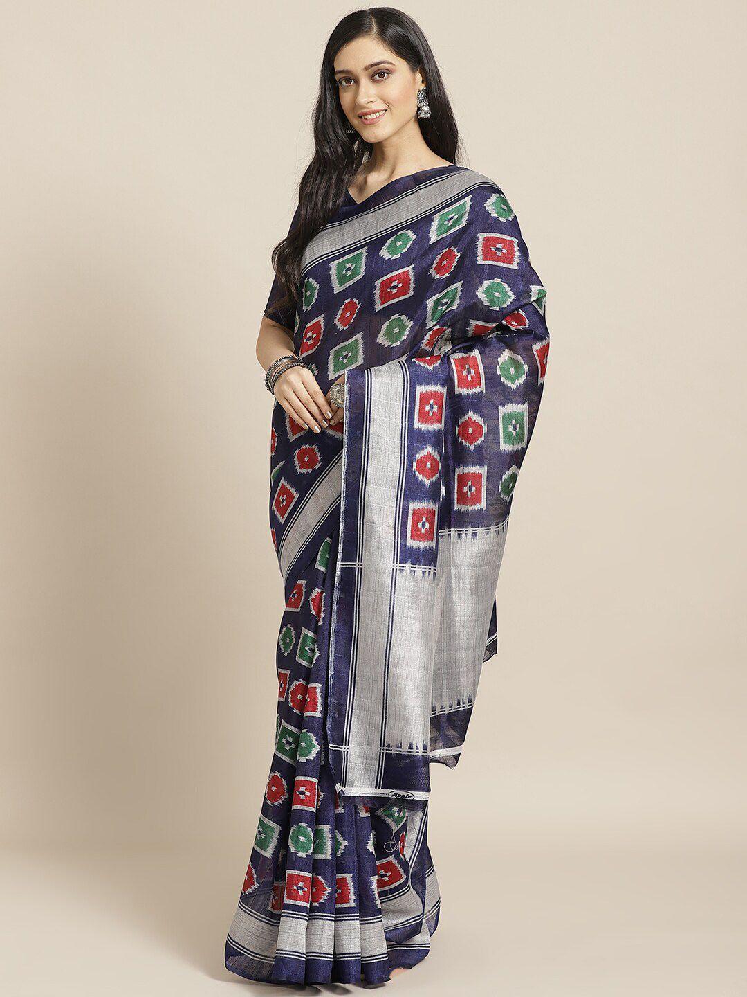 saree mall navy blue & silver-toned art silk sarees