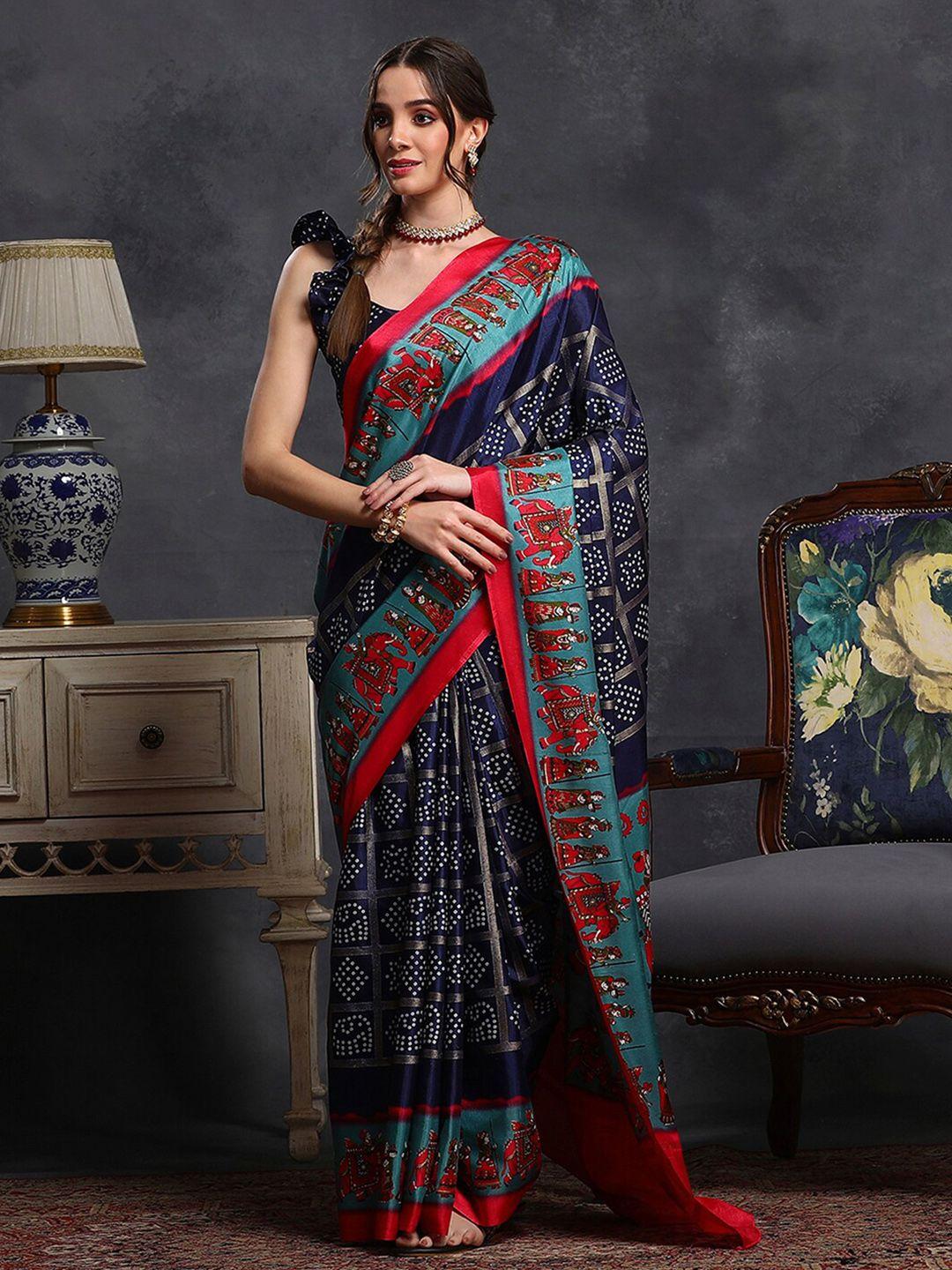 saree mall navy blue ethnic motifs silk blend designer patola sarees