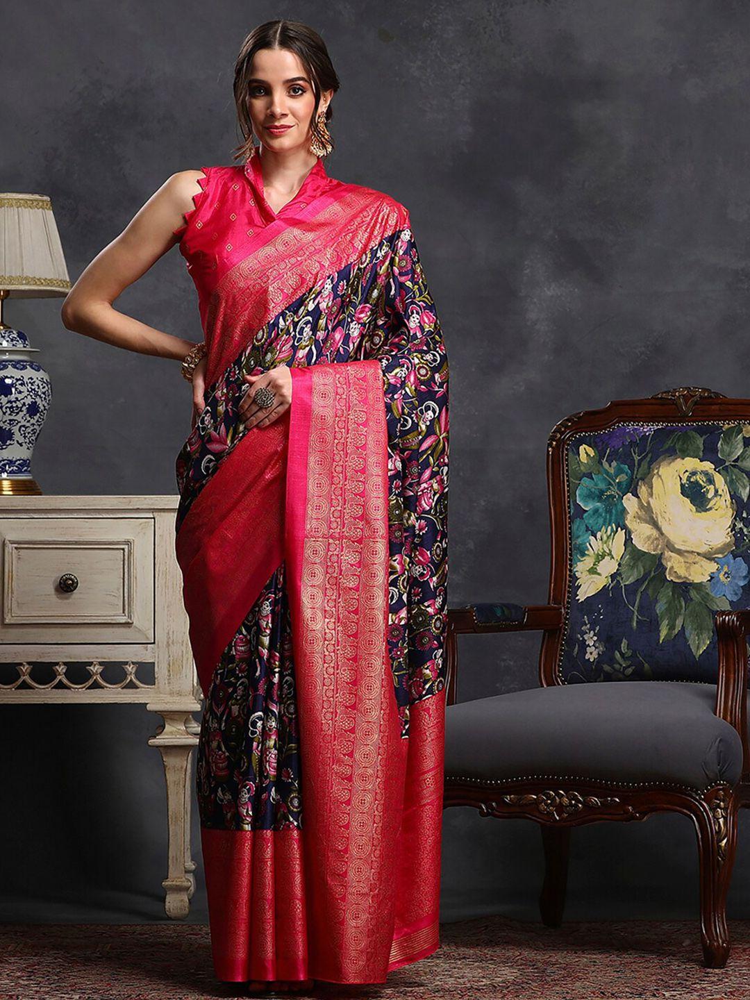 saree mall navy blue kalamkari silk blend designer sungudi sarees