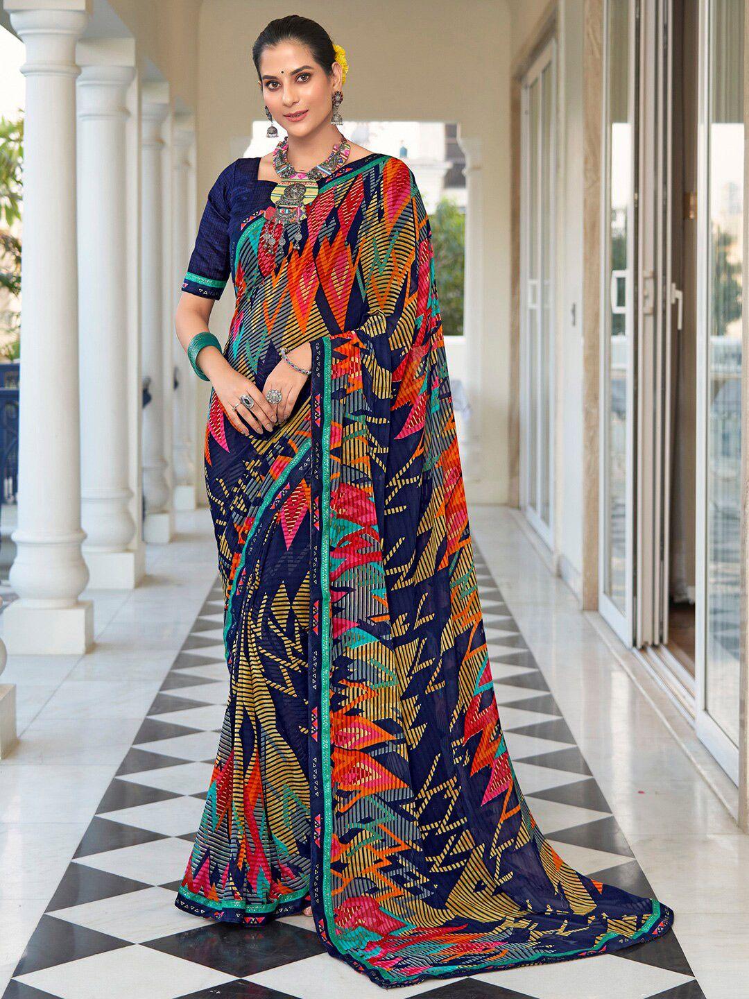saree mall navy blue pure georgette designer bagru sarees