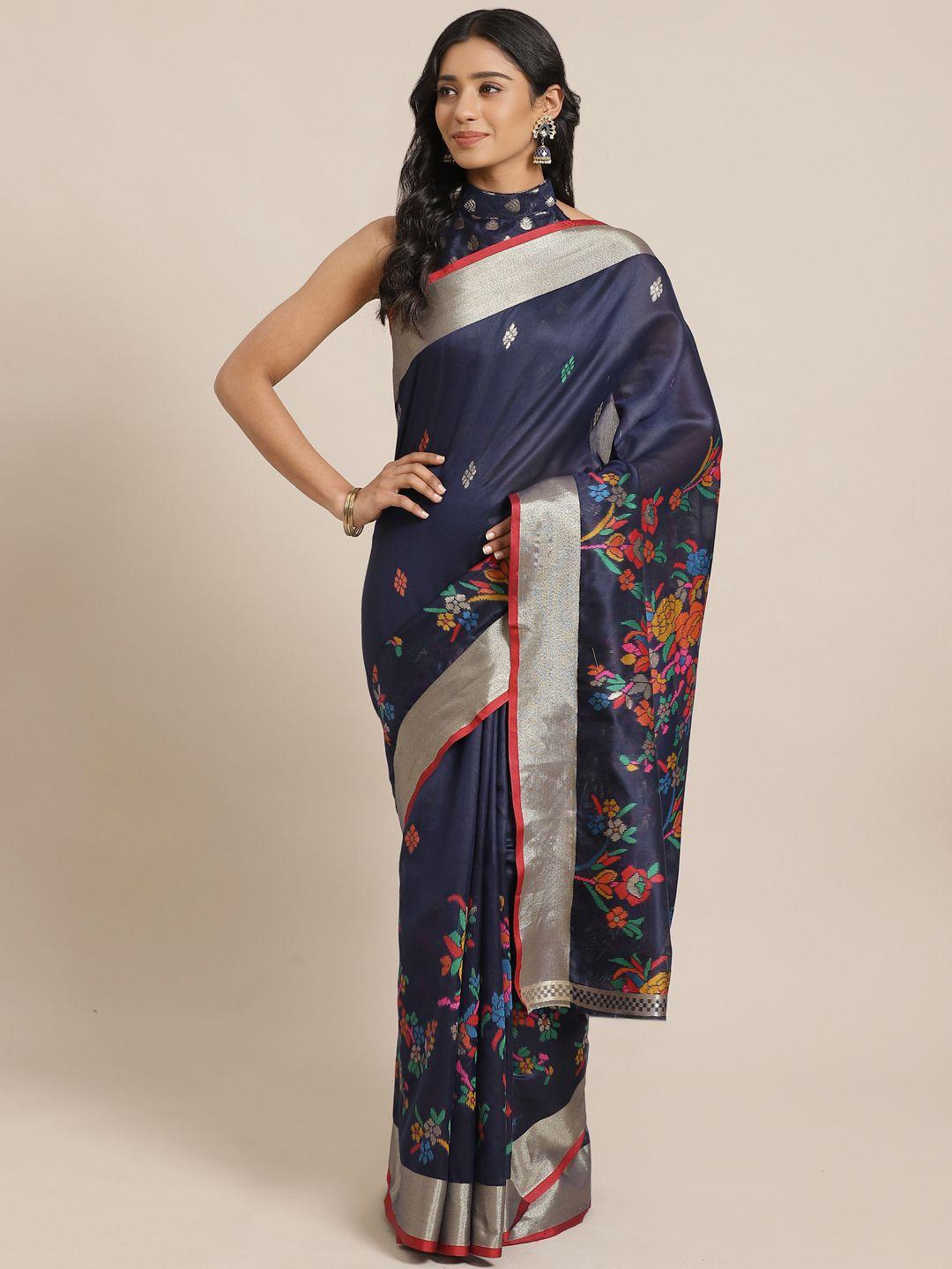 saree mall navy blue woven design jamdani saree