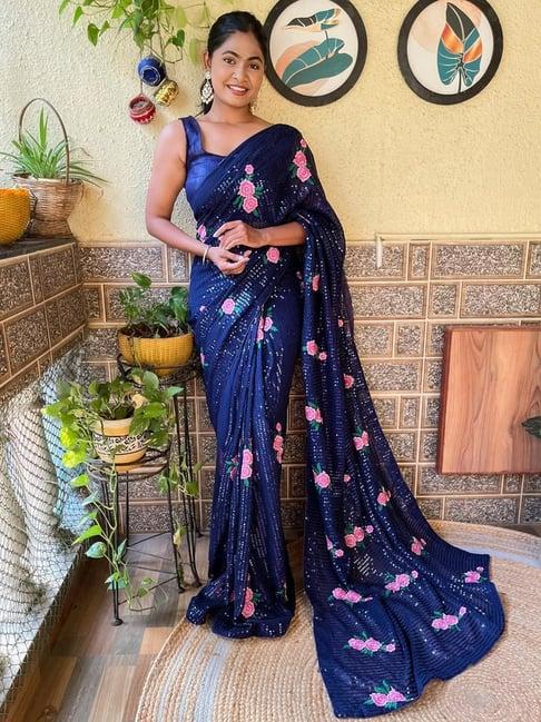 saree mall navy embellished saree with unstitched blouse