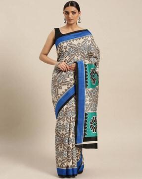 saree mall off white & grey festive art silk printed saree