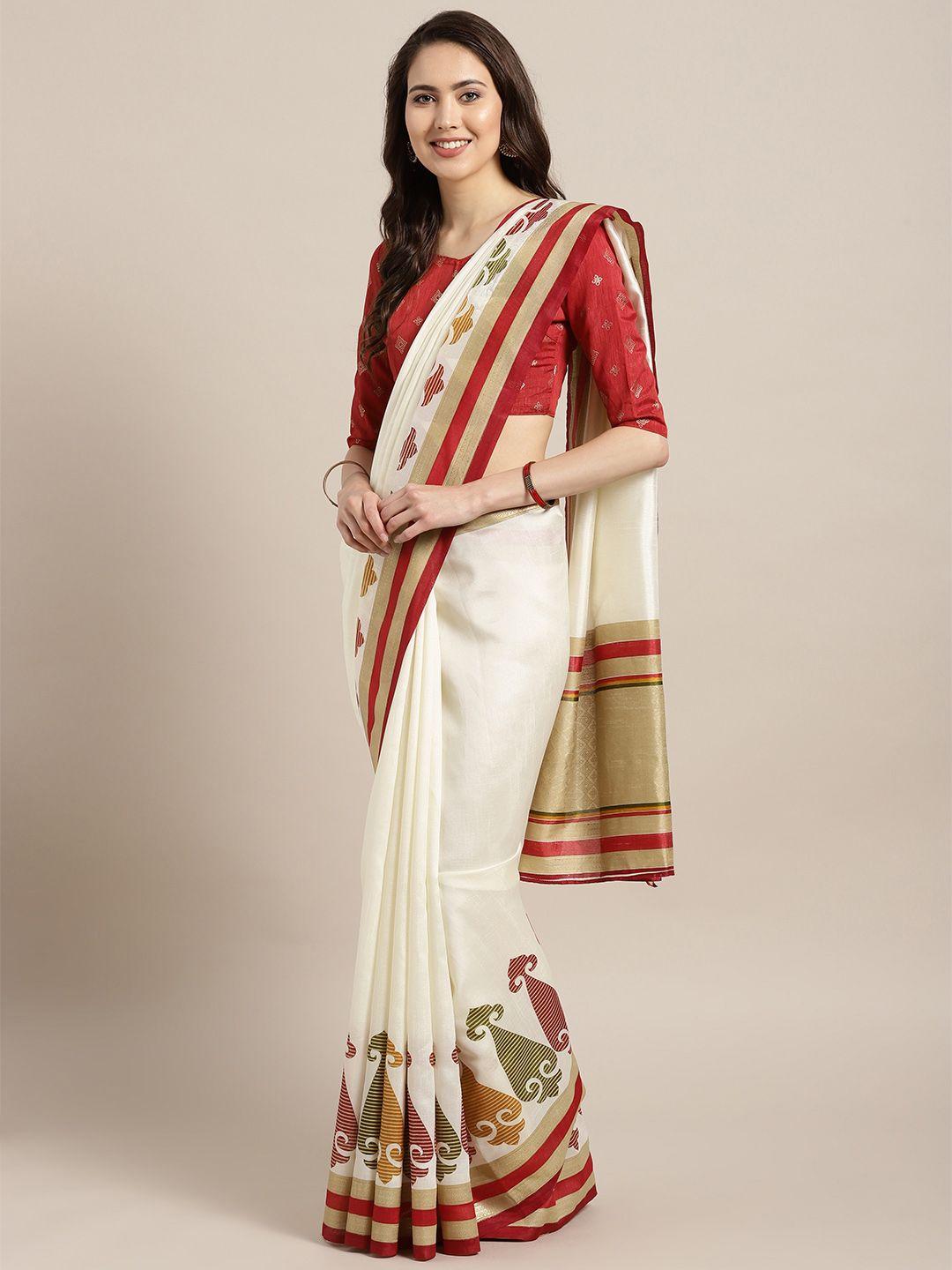 saree mall off-white & maroon solid kasavu saree