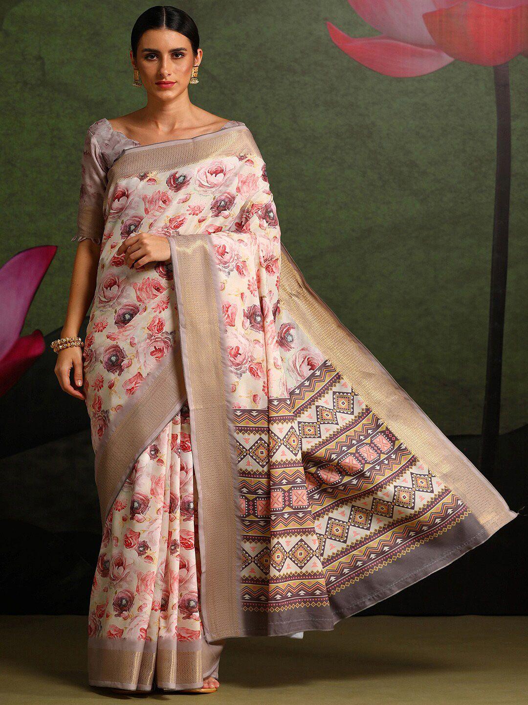 saree mall off white & pink floral zari silk blend sungudi sarees